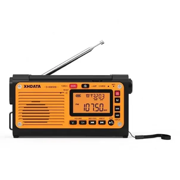 Nouzové rádio 4,1 x 14,5 x 7,8 cm s kličkou solárním panelem a svítilnou FM AM SW i WB s Bluetooth a nabíjením telefonu oranžovo-černé | Pouze dnes