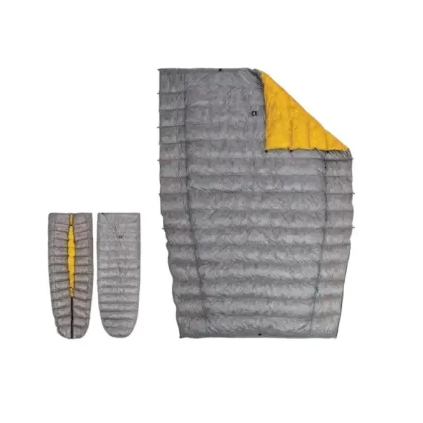 Ušetřete – Péřová prošívaná deka ultralehká Komfort od 5 °C Rozměr 184 x 134 cm Kachní peří 850 FP a nylon 10D Šedá a žlutá Na kempování a turistiku